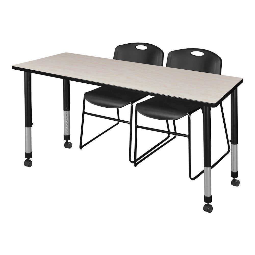 60x24 in. Mobile Adjustable Classroom Table- Maple & 2 Zeng Stack Chairs- Black