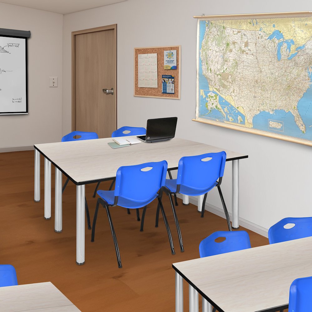 60 x 24 in. Training Table- Maple Top, Chrome Legs & 2 M Stack Chairs- Blue