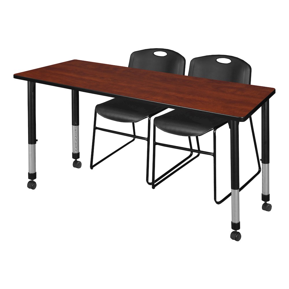 66x24 in. Mobile Adjustable Classroom Table- Cherry & 2 Zeng Stack Chairs- Black