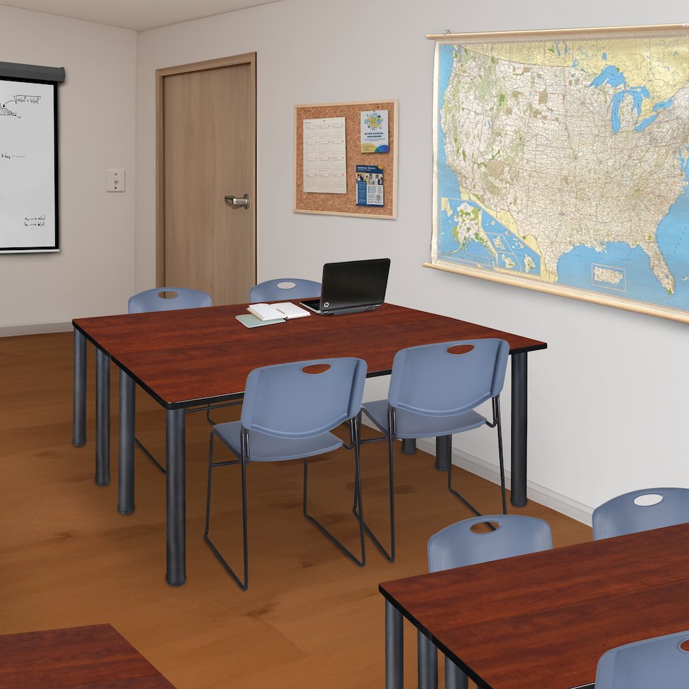 66 x 24 in. Training Table- Cherry Top, Black Legs & 2 Zeng Chairs- Blue