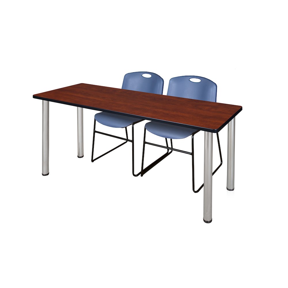 66 x 24 in. Training Table- Cherry Top, Chrome Legs & 2 Zeng Chairs- Blue