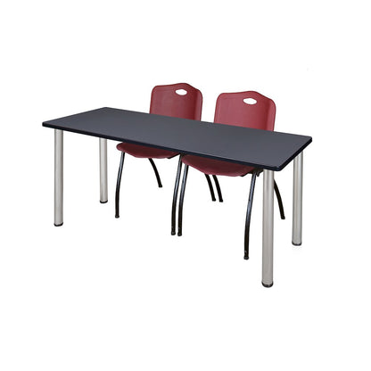 66 x 24 in. Training Table- Grey Top, Chrome Legs & 2 M Stack Chairs- Burgundy