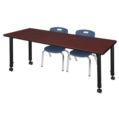 66x24 Mobile Adjustable Classroom Table- Mahogany & 2 Andy 12 Stack Chairs- Blue