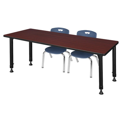 66x30 Adjustable Classroom Table- Mahogany & 2 Andy 12 Stack Chairs- Blue