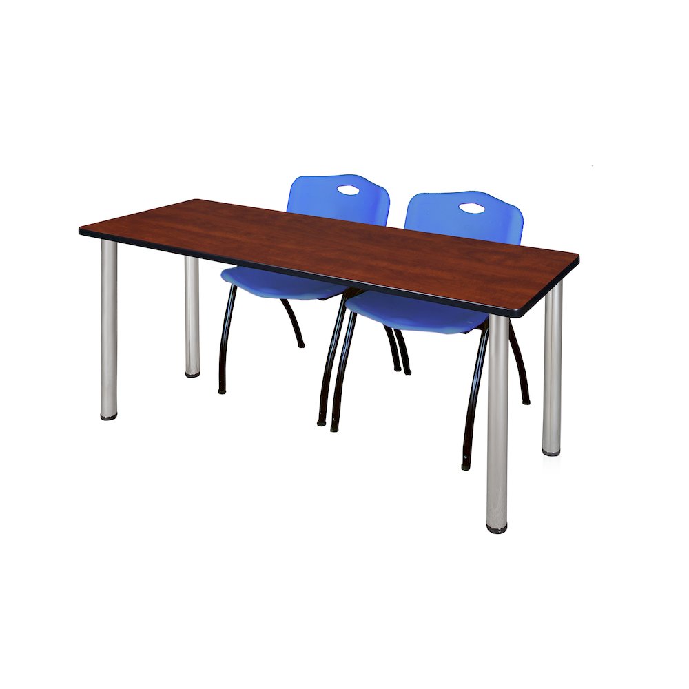 72 x 24 in. Training Table- Cherry Top, Chrome Legs & 2 M Stack Chairs- Blue