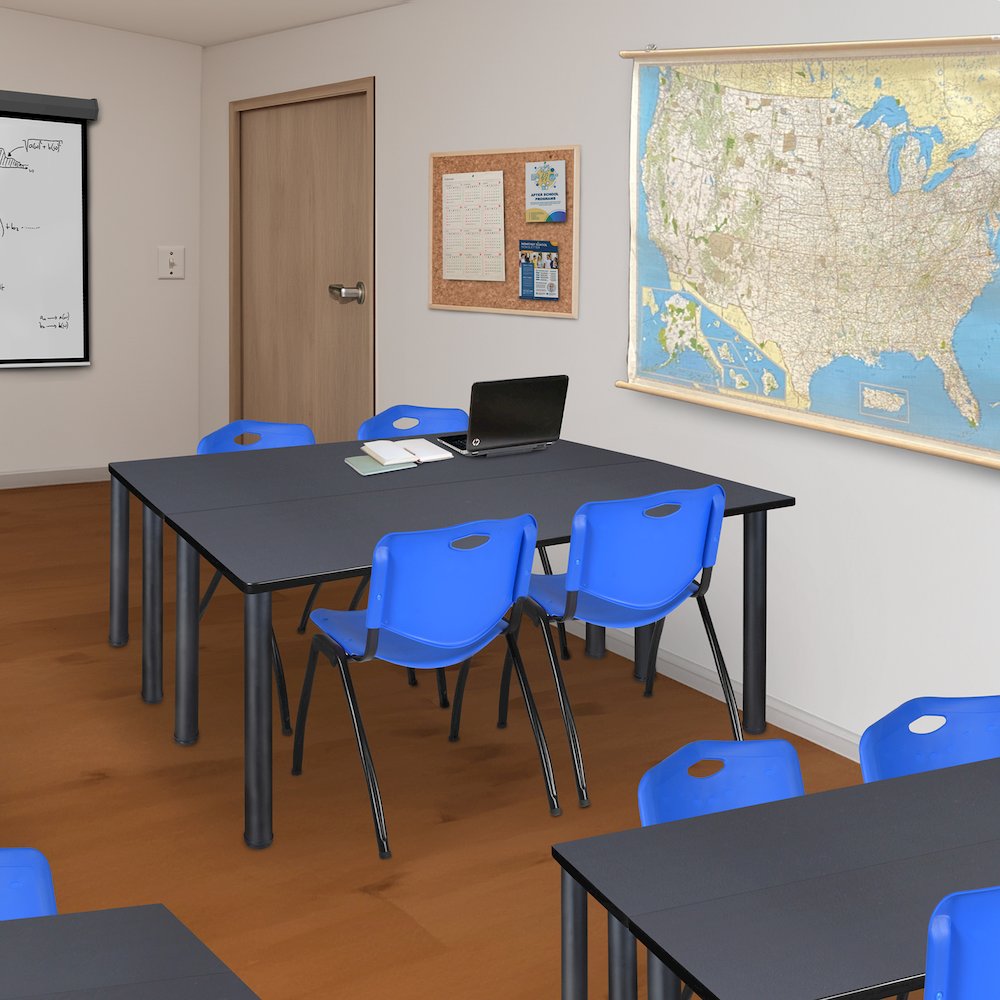 72 x 24 in. Training Table- Grey Top, Black Legs & 2 M Stack Chairs- Blue
