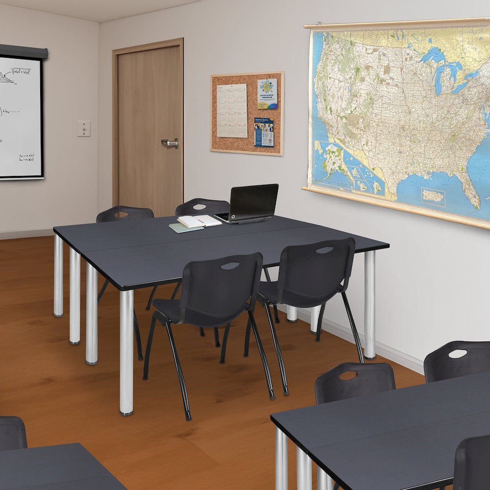 72 x 24 in. Training Table- Grey Top, Chrome Legs & 2 M Stack Chairs- Black