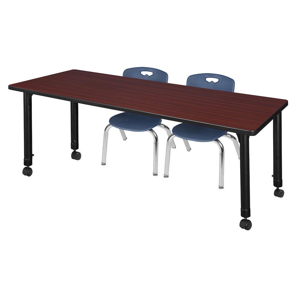 72x24 Mobile Adjustable Classroom Table- Mahogany & 2 Andy 12 Stack Chairs- Blue