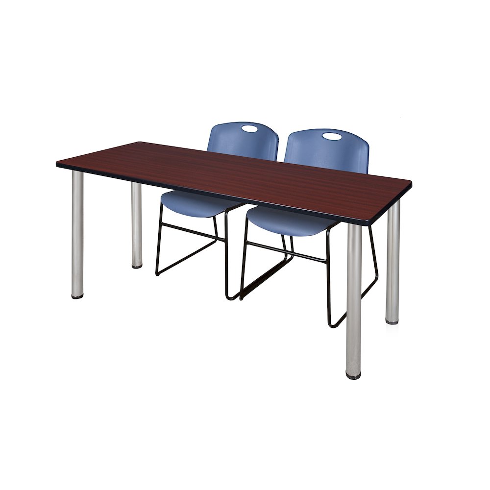 72 x 24 in. Training Table- Mahogany Top, Chrome Legs & 2 Zeng Chairs- Blue