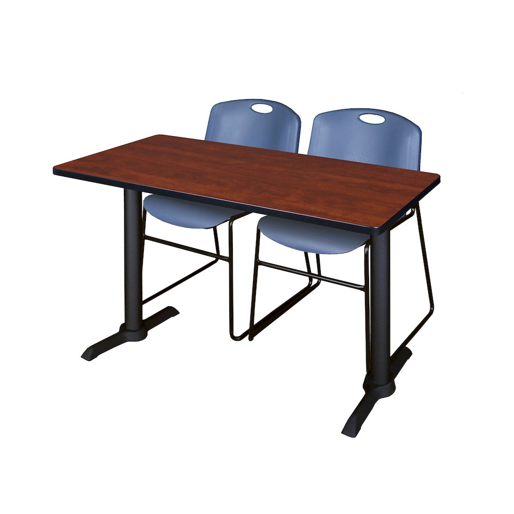 48 x 24 in. T-Base Training Seminar Table- Cherry & 2 Zeng Stack Chairs- Blue