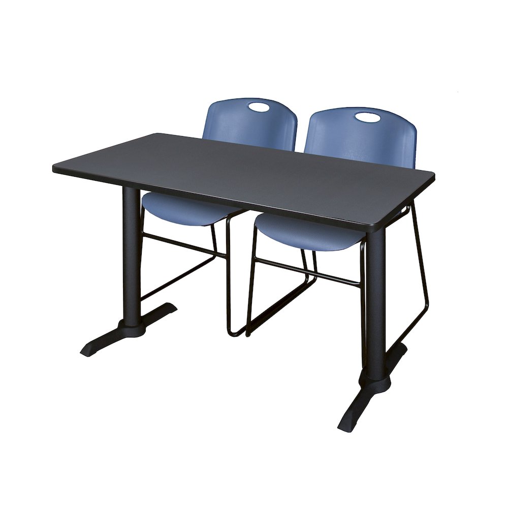 48 x 24 in. T-Base Training Seminar Table- Grey & 2 Zeng Stack Chairs- Blue