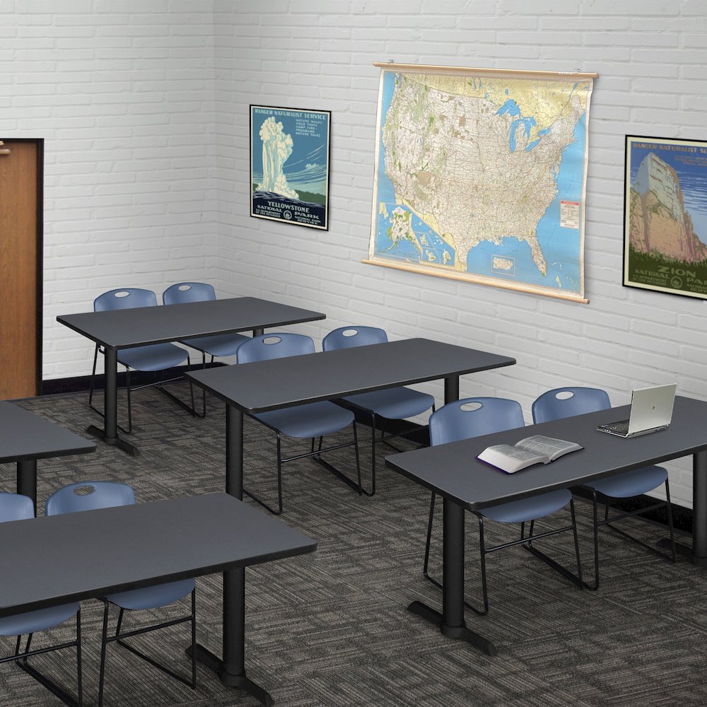 48 x 24 in. T-Base Training Seminar Table- Grey & 2 Zeng Stack Chairs- Blue