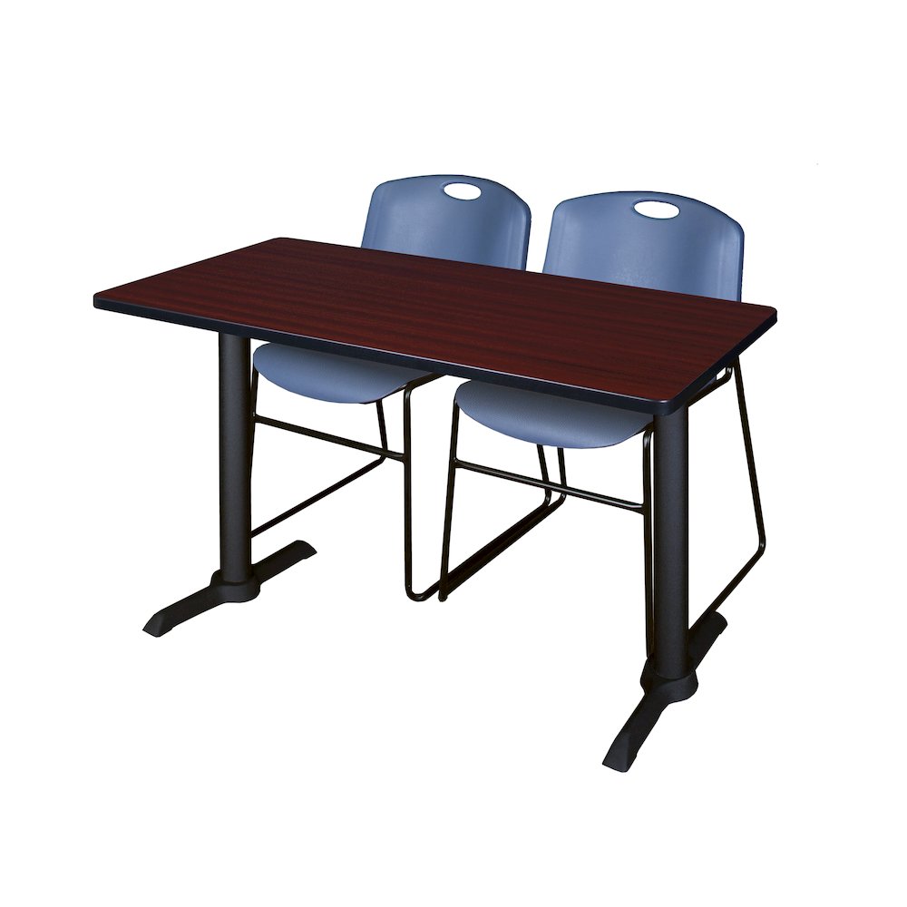 48 x 24 in. T-Base Training Seminar Table- Mahogany & 2 Zeng Stack Chairs- Blue