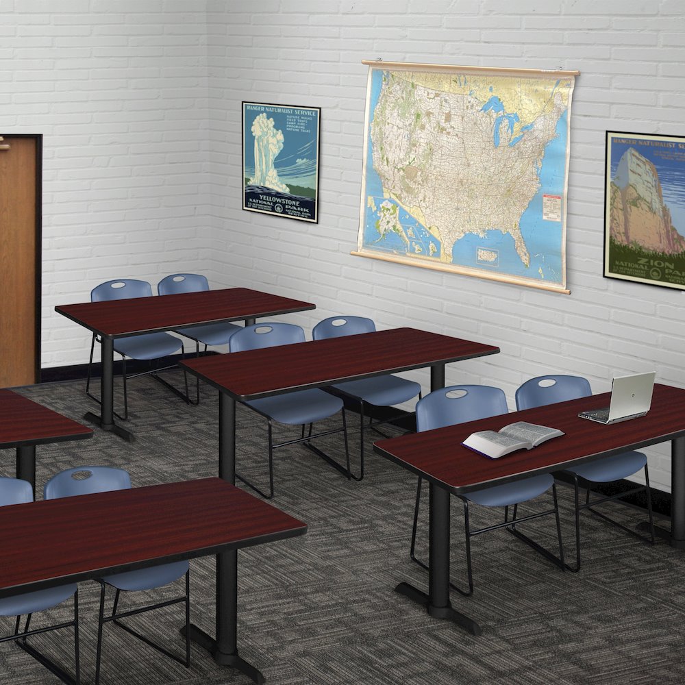 48 x 24 in. T-Base Training Seminar Table- Mahogany & 2 Zeng Stack Chairs- Blue