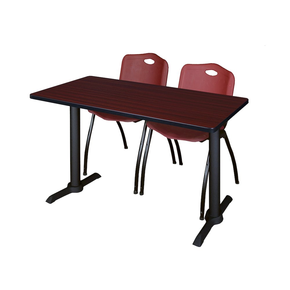 48 x 24 in. T-Base Training Seminar Table- Mahogany & 2 M Stack Chairs- Burgundy