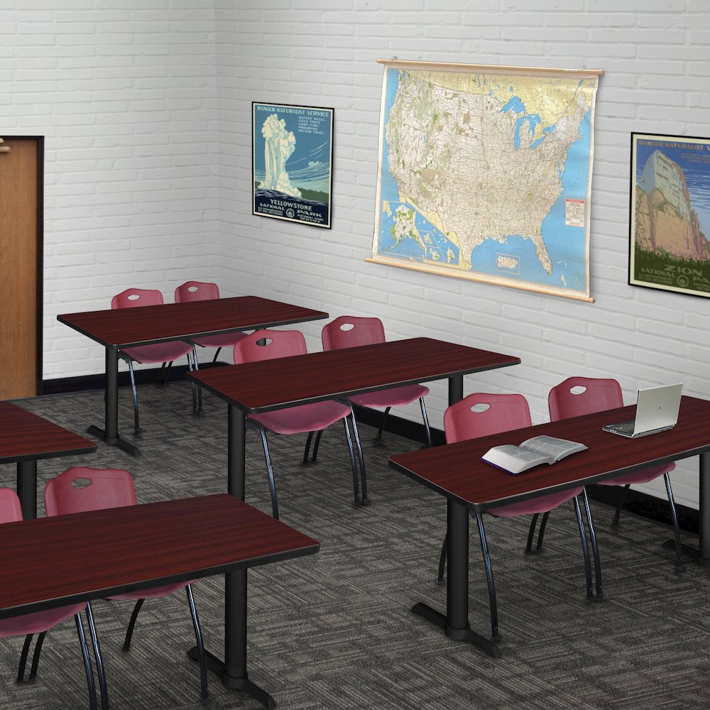 48 x 24 in. T-Base Training Seminar Table- Mahogany & 2 M Stack Chairs- Burgundy