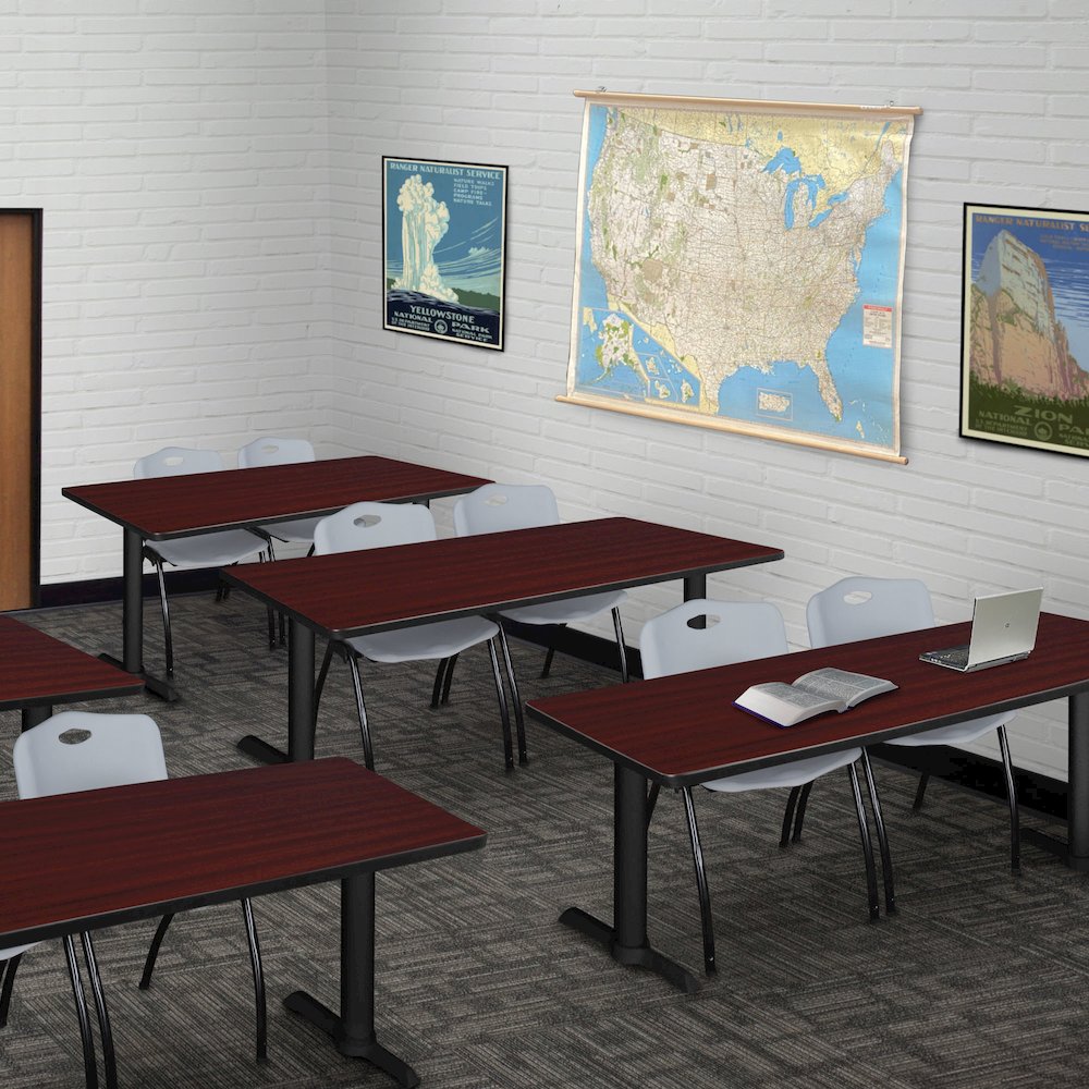 60 x 24 in. T-Base Training Seminar Table- Mahogany & 2 M Stack Chairs- Grey
