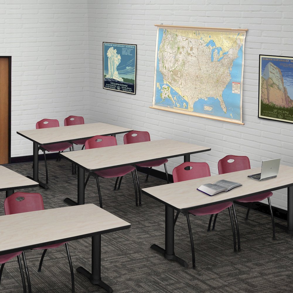 60 x 24 in. T-Base Training Seminar Table- Maple & 2 M Stack Chairs- Burgundy