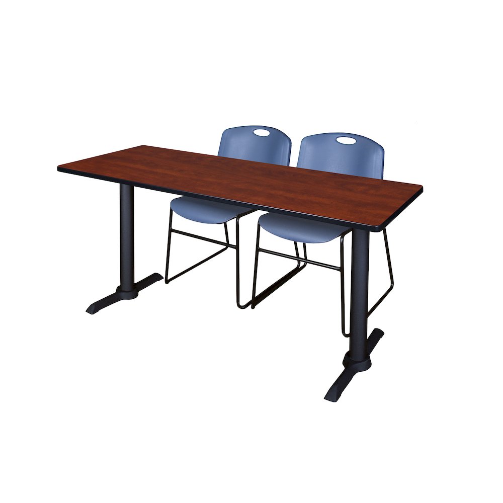 66 x 24 in. T-Base Training Seminar Table- Cherry & 2 Zeng Stack Chairs- Blue