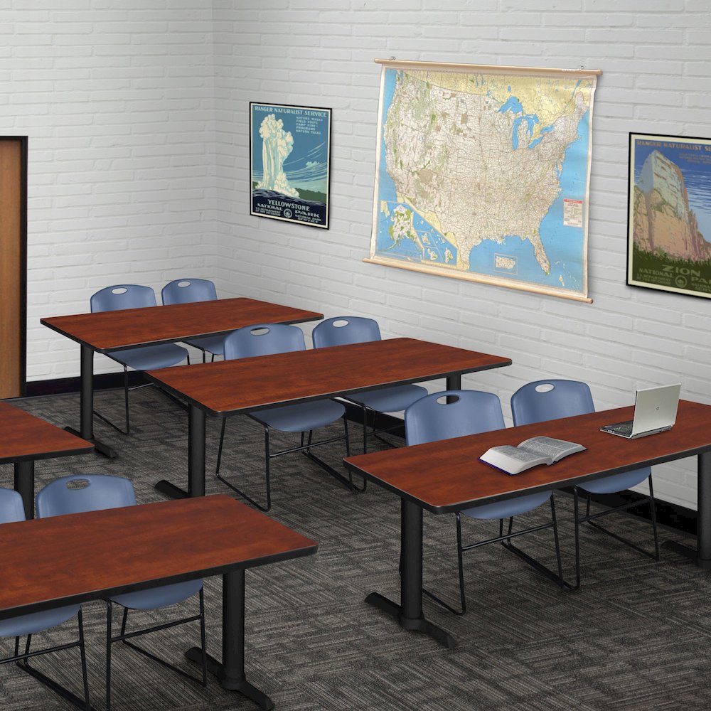 66 x 24 in. T-Base Training Seminar Table- Cherry & 2 Zeng Stack Chairs- Blue
