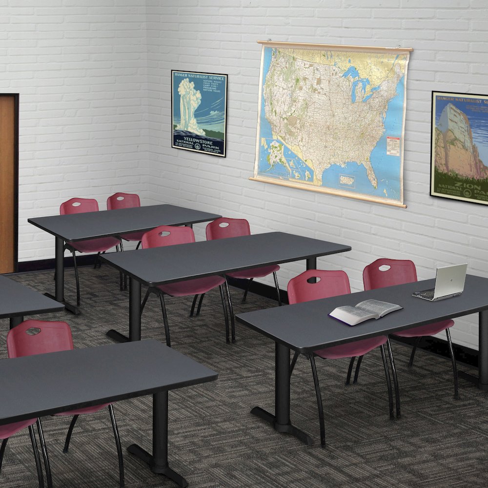 66 x 24 in. T-Base Training Seminar Table- Grey, 2 M Stack Chairs- Burgundy