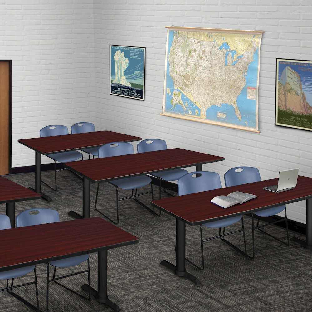66 x 24 in. T-Base Training Seminar Table- Mahogany & 2 Zeng Stack Chairs- Blue