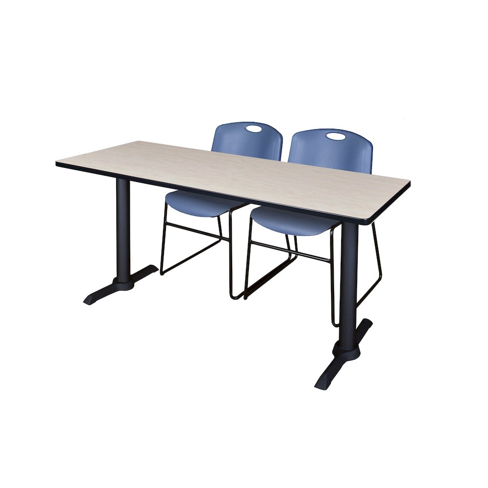 66 x 24 in. T-Base Training Seminar Table- Maple & 2 Zeng Stack Chairs- Blue