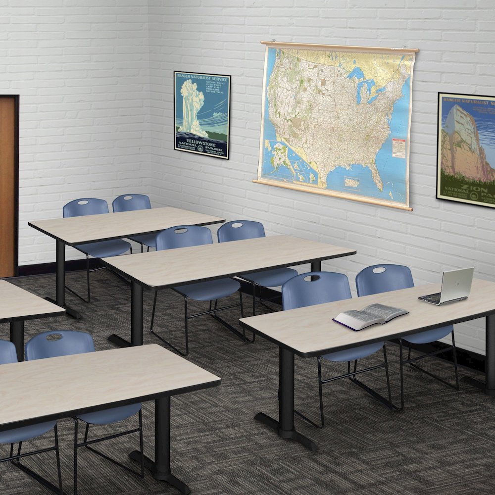 66 x 24 in. T-Base Training Seminar Table- Maple & 2 Zeng Stack Chairs- Blue