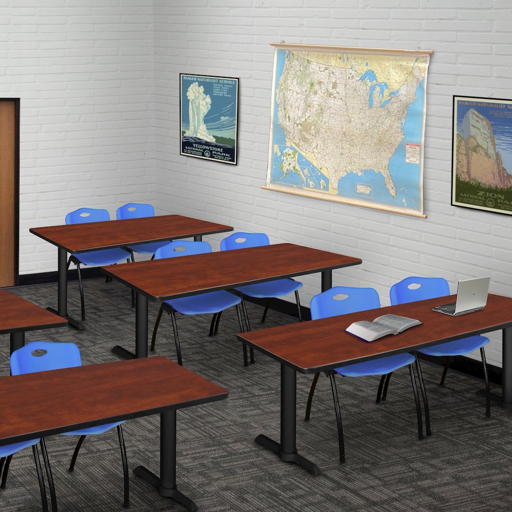 72 x 24 in. T-Base Training Seminar Table- Cherry & 2 M Stack Chairs- Blue