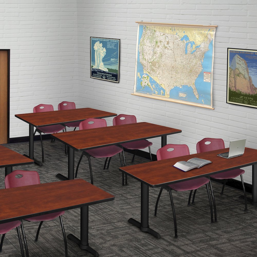 72 x 24 in. T-Base Training Seminar Table- Cherry & 2 M Stack Chairs- Burgundy