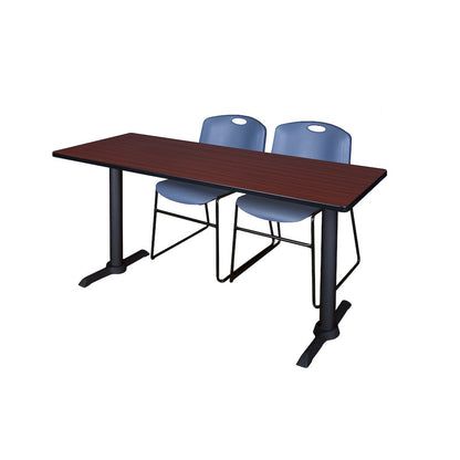72 x 24 in. T-Base Training Seminar Table- Mahogany & 2 Zeng Stack Chairs- Blue