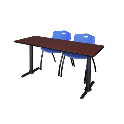72 x 24 in. T-Base Training Seminar Table- Mahogany & 2 M Stack Chairs- Blue