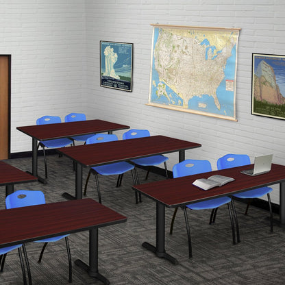 72 x 24 in. T-Base Training Seminar Table- Mahogany & 2 M Stack Chairs- Blue