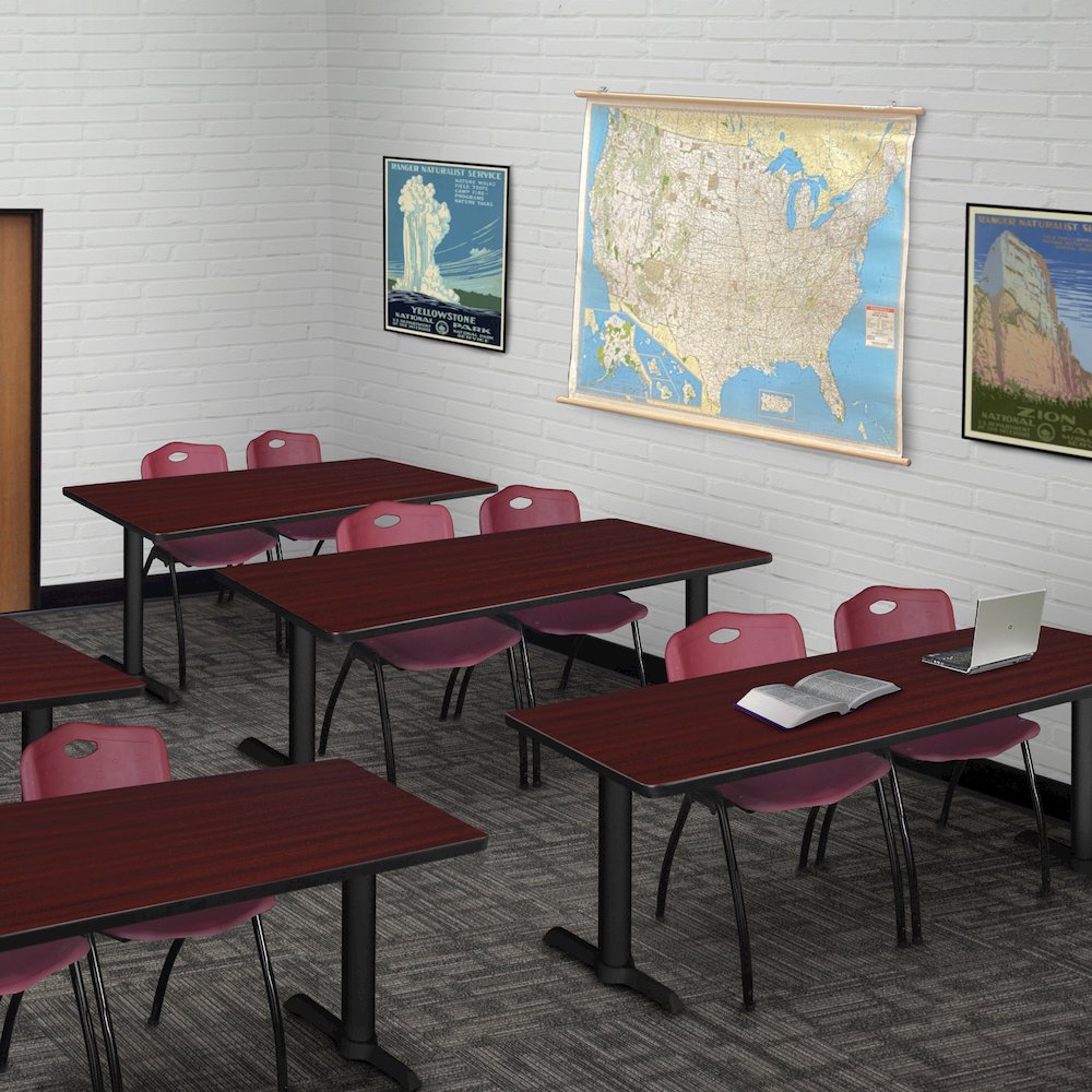 72 x 24 in. T-Base Training Seminar Table- Mahogany & 2 M Stack Chairs- Burgundy