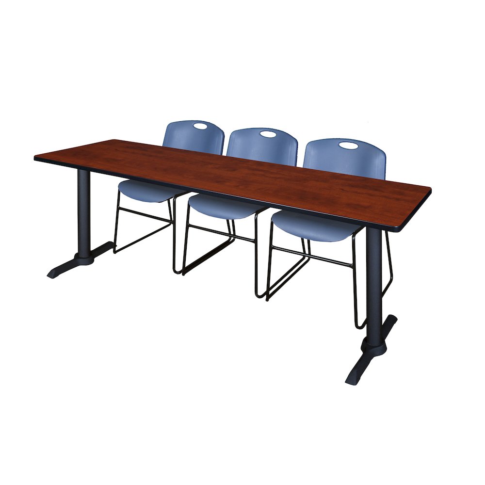 84 x 24 in. T-Base Training Seminar Table- Cherry & 3 Zeng Stack Chairs- Blue