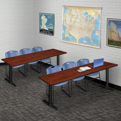 84 x 24 in. T-Base Training Seminar Table- Cherry & 3 Zeng Stack Chairs- Blue