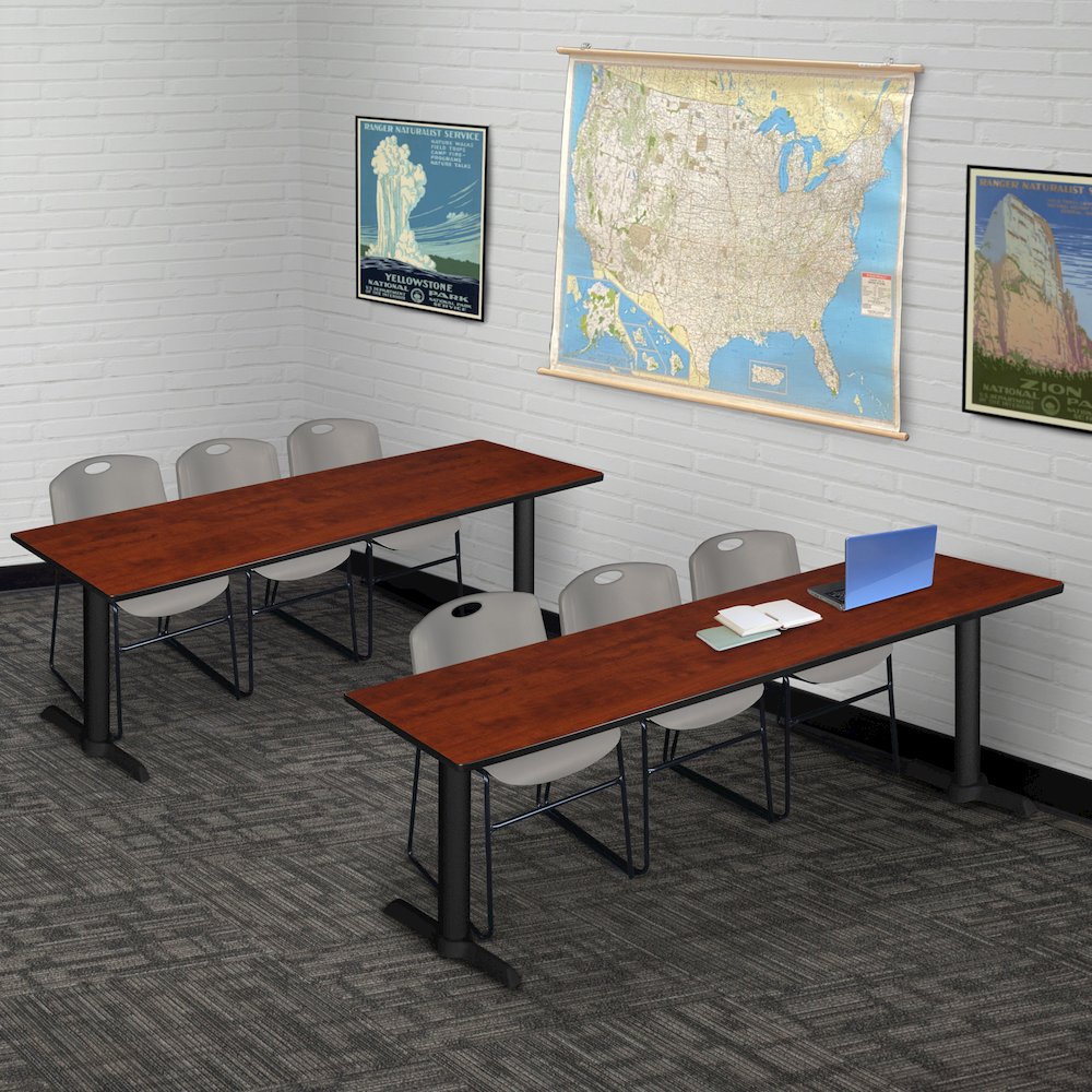 84 x 24 in. T-Base Training Seminar Table- Cherry & 3 Zeng Stack Chairs- Grey