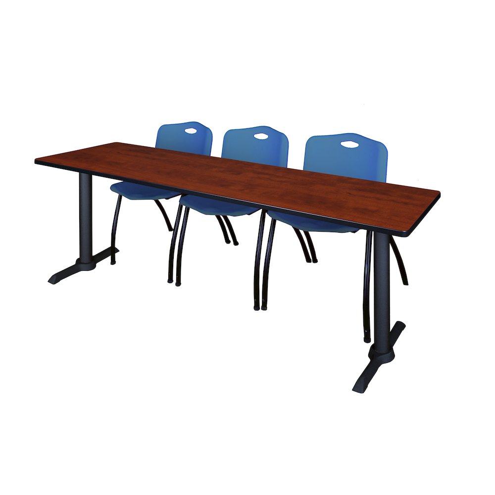 84 x 24 in. T-Base Training Seminar Table- Cherry & 3 M Stack Chairs- Blue