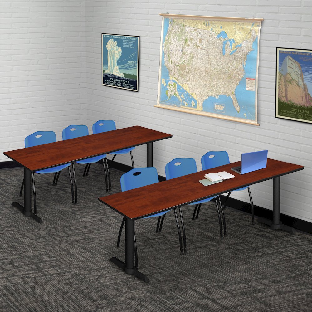 84 x 24 in. T-Base Training Seminar Table- Cherry & 3 M Stack Chairs- Blue