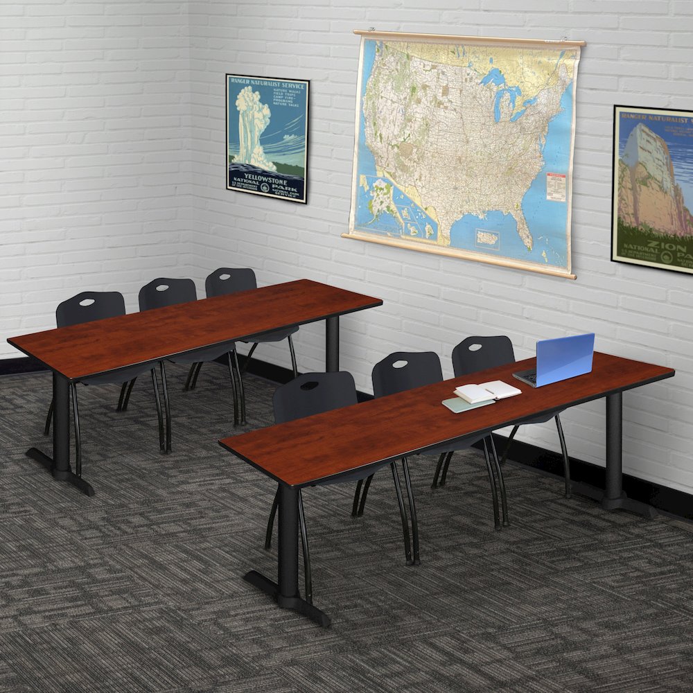84 x 24 in. T-Base Training Seminar Table- Cherry & 3 M Stack Chairs- Black