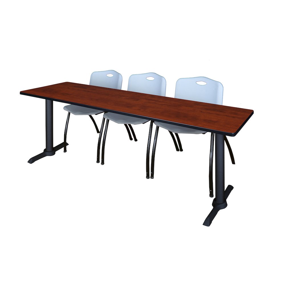 84 x 24 in. T-Base Training Seminar Table- Cherry & 3 M Stack Chairs- Grey