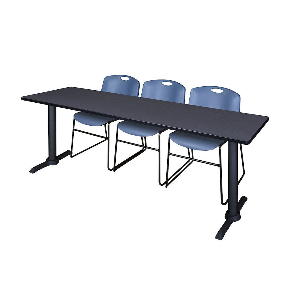 84 x 24 in. T-Base Training Seminar Table- Grey & 3 Zeng Stack Chairs- Blue