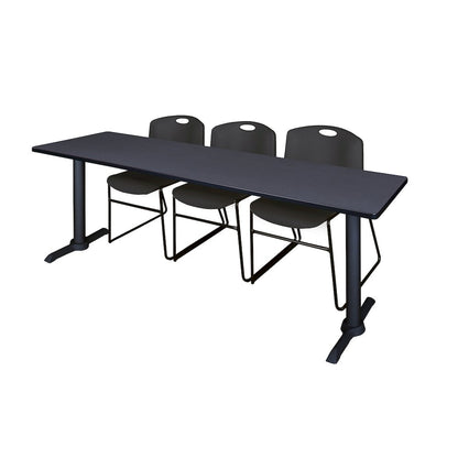 84 x 24 in. T-Base Training Seminar Table- Grey & 3 Zeng Stack Chairs- Black