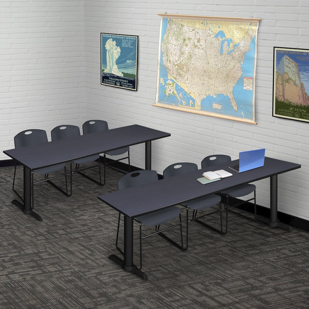 84 x 24 in. T-Base Training Seminar Table- Grey & 3 Zeng Stack Chairs- Black