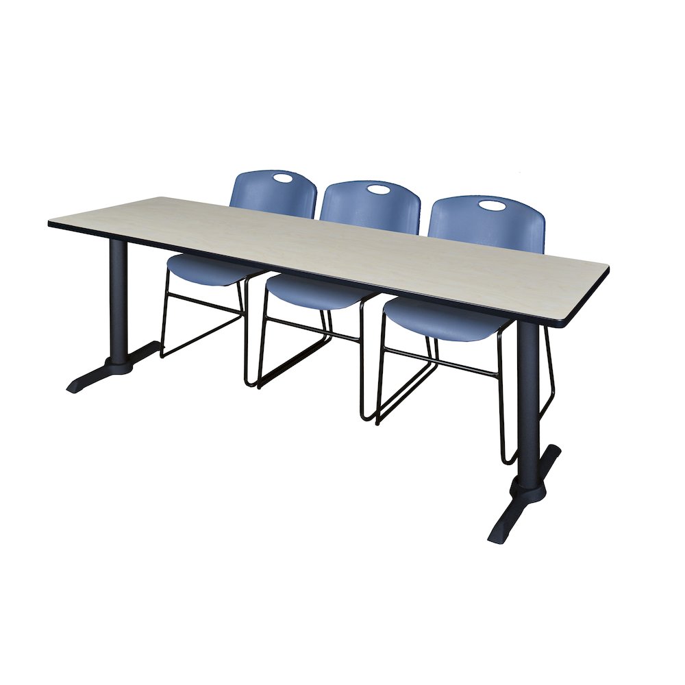 84 x 24 in. T-Base Training Seminar Table- Maple & 3 Zeng Stack Chairs- Blue