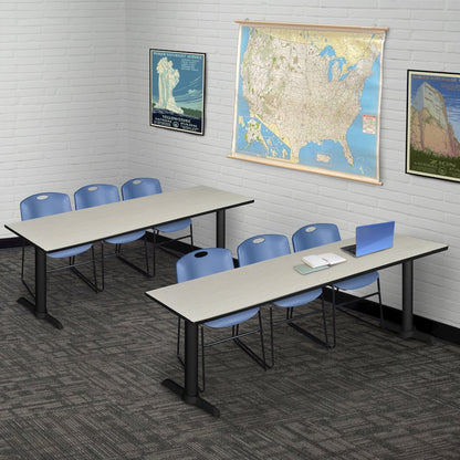 84 x 24 in. T-Base Training Seminar Table- Maple & 3 Zeng Stack Chairs- Blue