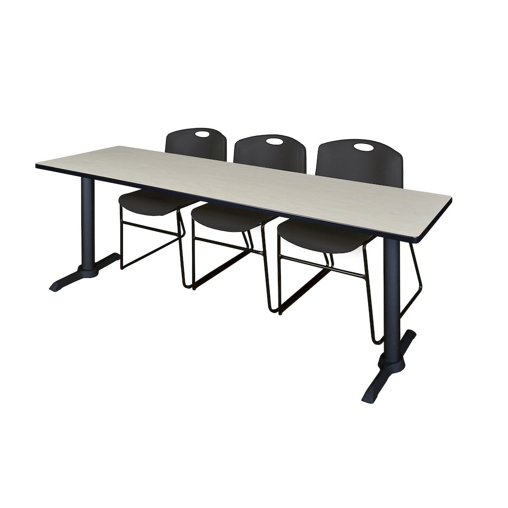84 x 24 in. T-Base Training Seminar Table- Maple & 3 Zeng Stack Chairs- Black