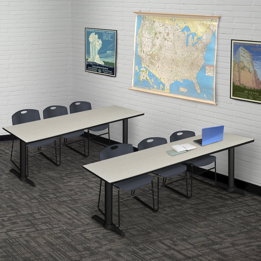 84 x 24 in. T-Base Training Seminar Table- Maple & 3 Zeng Stack Chairs- Black
