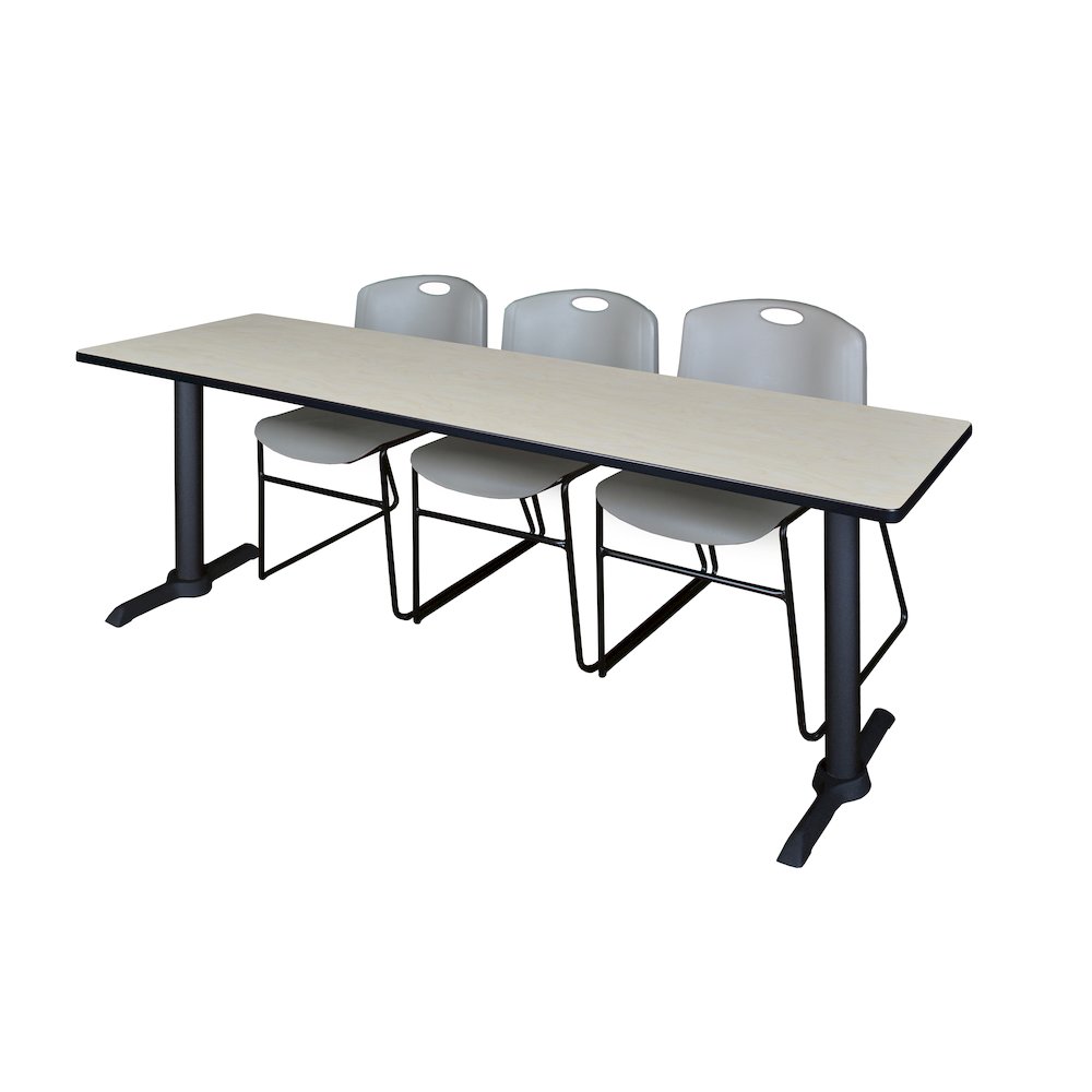 84 x 24 in. T-Base Training Seminar Table- Maple & 3 Zeng Stack Chairs- Grey