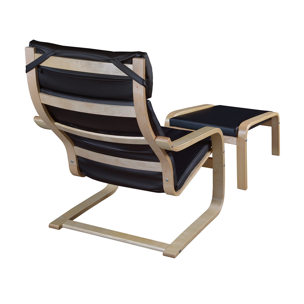 Mia Bentwood Reclining Chair and Ottoman- Natural/ Black Leather